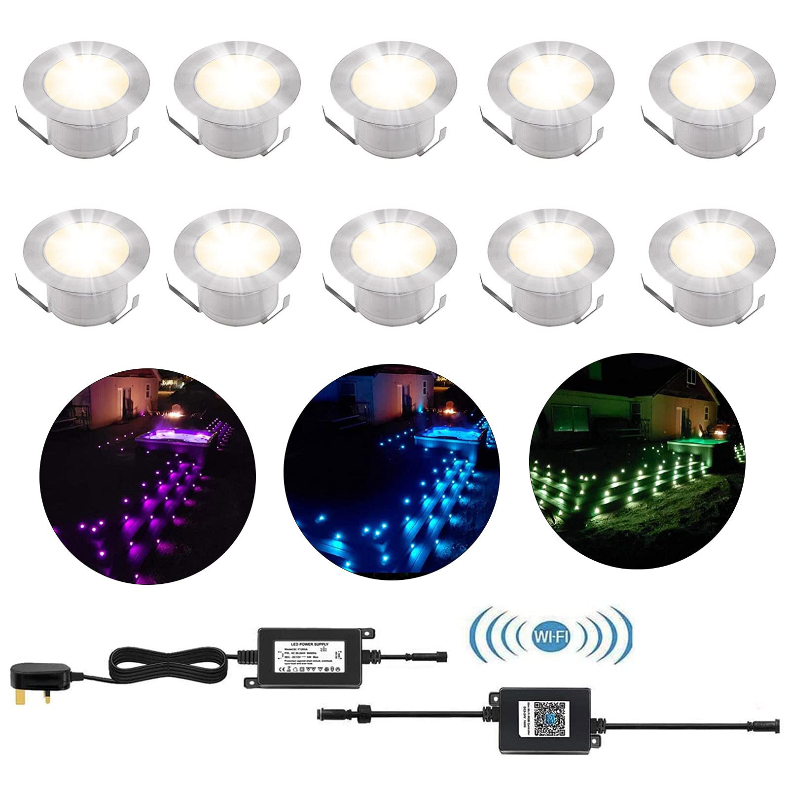YZGWZLD WiFi Control Decking Lights Mains Powered 45mm RGB Color Changing Plinth LED Deck Lights IP67 Waterproof 0.5W Buried Garden Ground Light for Indoor/Outdoor Decor Light-10 Pack