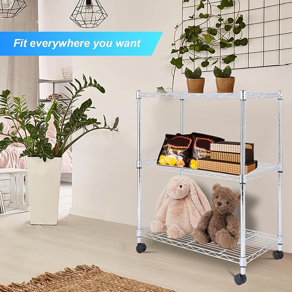 WHITMOR 3 TIER STORAGE SHELVES, HEAVY DUTY WITH WHEELS, 400 LBS CAPACITY PER SHELF, MAX 1200 LBS TOTAL, ADJUSTABLE SHELVING UNIT FOR GARAGE, KITCHEN, BATHROOM, 24″ L X 14″ W X 30.5″ H, CHROME