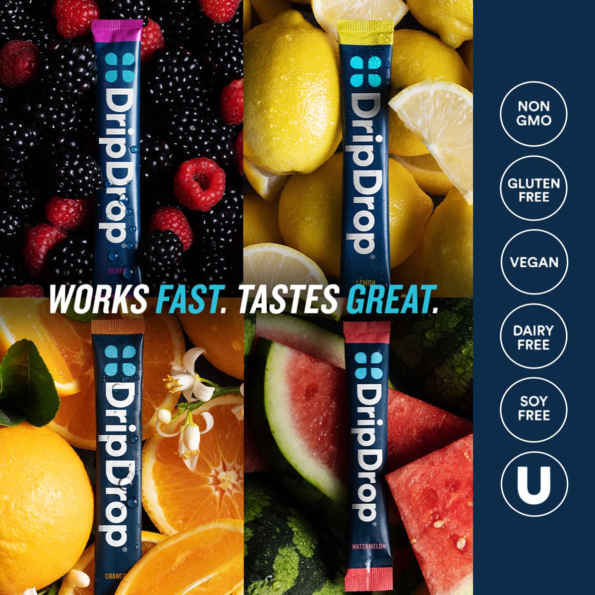 DripDrop Hydration Packets - Bold Variety Pack - Single Serve Electrolytes Powder Drink Mix - Watermelon, Berry, Lemon, Orange - Non-GMO, Gluten Free, Vegan - 32 Sticks