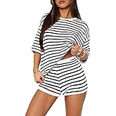 Yousify 2 Piece Sweater Set for Womens Summer Short Sleeve Tops Striped Matching Shorts Lounge Sets S-2XL