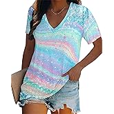 Women Tie Dye V-Neck Shirts Summer Vintage Tunic Tops Fashion Casual Swing Short Sleeve Shirts Blouse Soft Tee