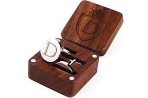 PROPHET CLUE PC Mens Initial Silver Cufflinks A-Z Alphabet Letter Steel Cuff Links with Engraved Walnut Wood Box Groom Groomsman Wedding Set…