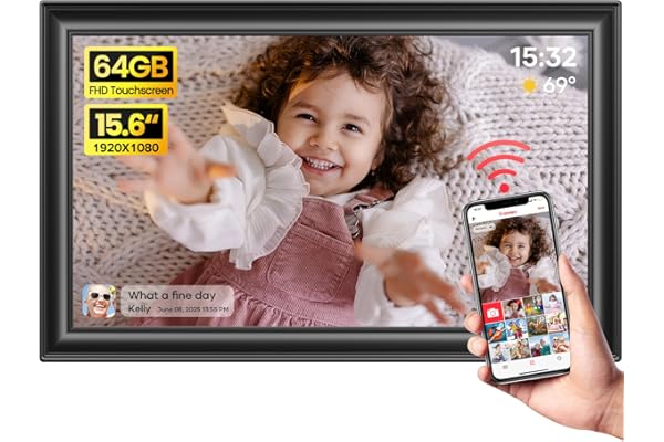 64GB 15.6" Frameo Digital Picture Frame WiFi, Large Electronic Photo Frames 1920 x 1080 IPS FHD Touch Screen, Send Photos from Your Phone from Anywhere, Best Gifts for Parents and Grandparents