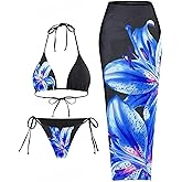 ZAFUL Womens 3pcs Swimsuit Floral Halter Triangle Bikini Top Tie Side Bottom with Long Sheer Cover Up Skirt