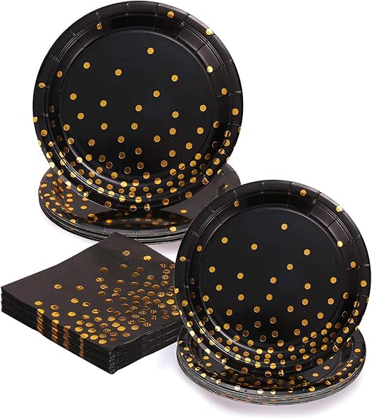 Amazon Com Black And Gold Dot Disposable Paper Dinner Dessert Plates Napkins For Birthday Party Bridal Baby Shower Wedding Graduation New Years Eve Party Supplies 2020 Serves 16 Kitchen Dining