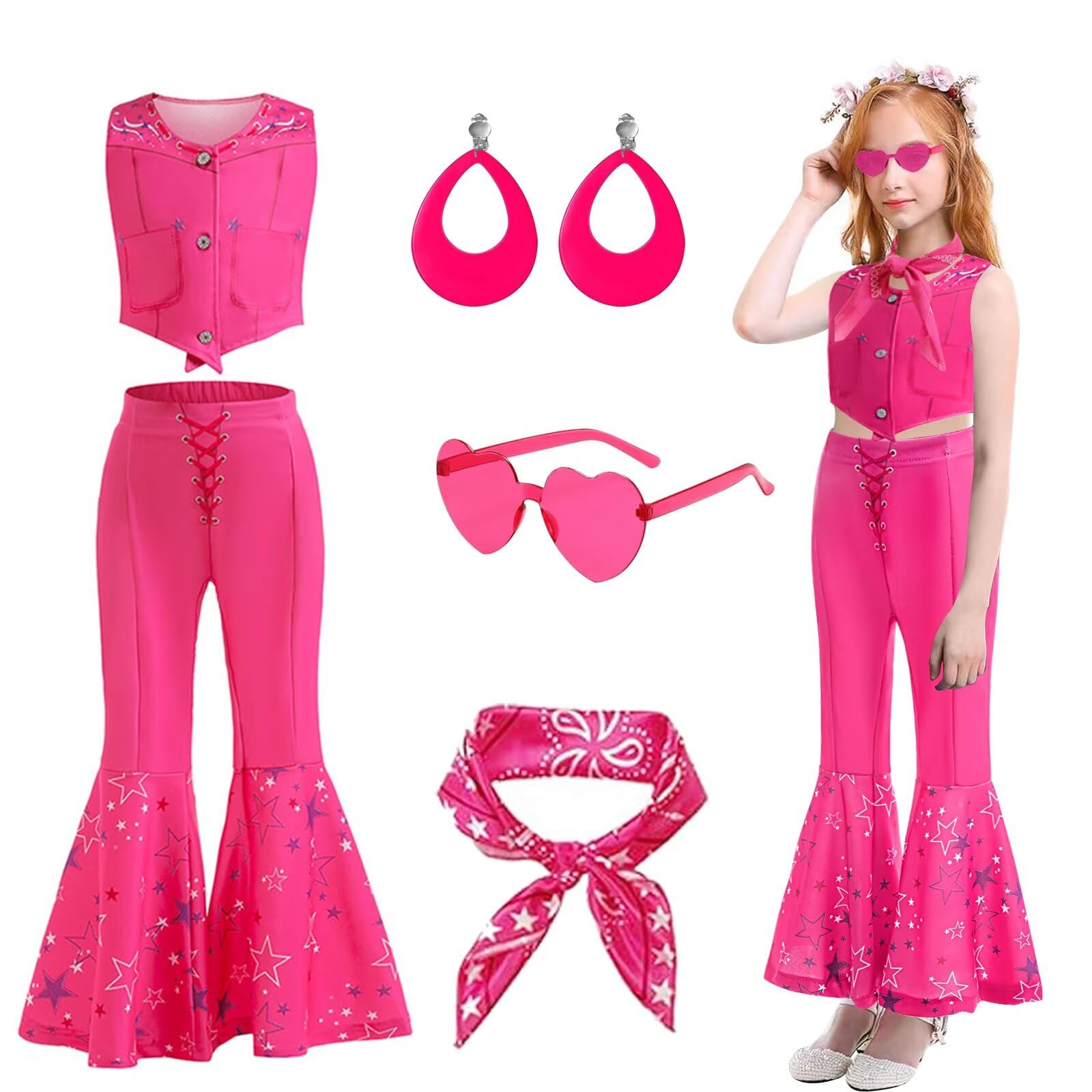 Amtum Girls Cowgirl Pink Costume Toddler 80S Cowgirl Costume With Accessory Cosplay Outfit For Movie Cosplay Disco Outfits Halloween Carnival Birthday Party,150