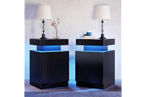 oneinmil Nightstand Set of 2 with LED Lights,Night Stand with Storage Cabinet for Bedroom,Bedside Table with LED, Black