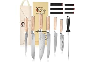 SYOKAMI Knife Set, 14 Piece Japanese Style Kitchen Knives with Roll Bag, Razor Sharp Wooden Handle Cutting Knife with 6 Blade