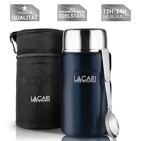 Lacari ® auslaufsicherer Thermobehälter in Blau für Essen und Flüssigkeiten - Gratis Thermotasche - Warmhaltebox mit Löffel -