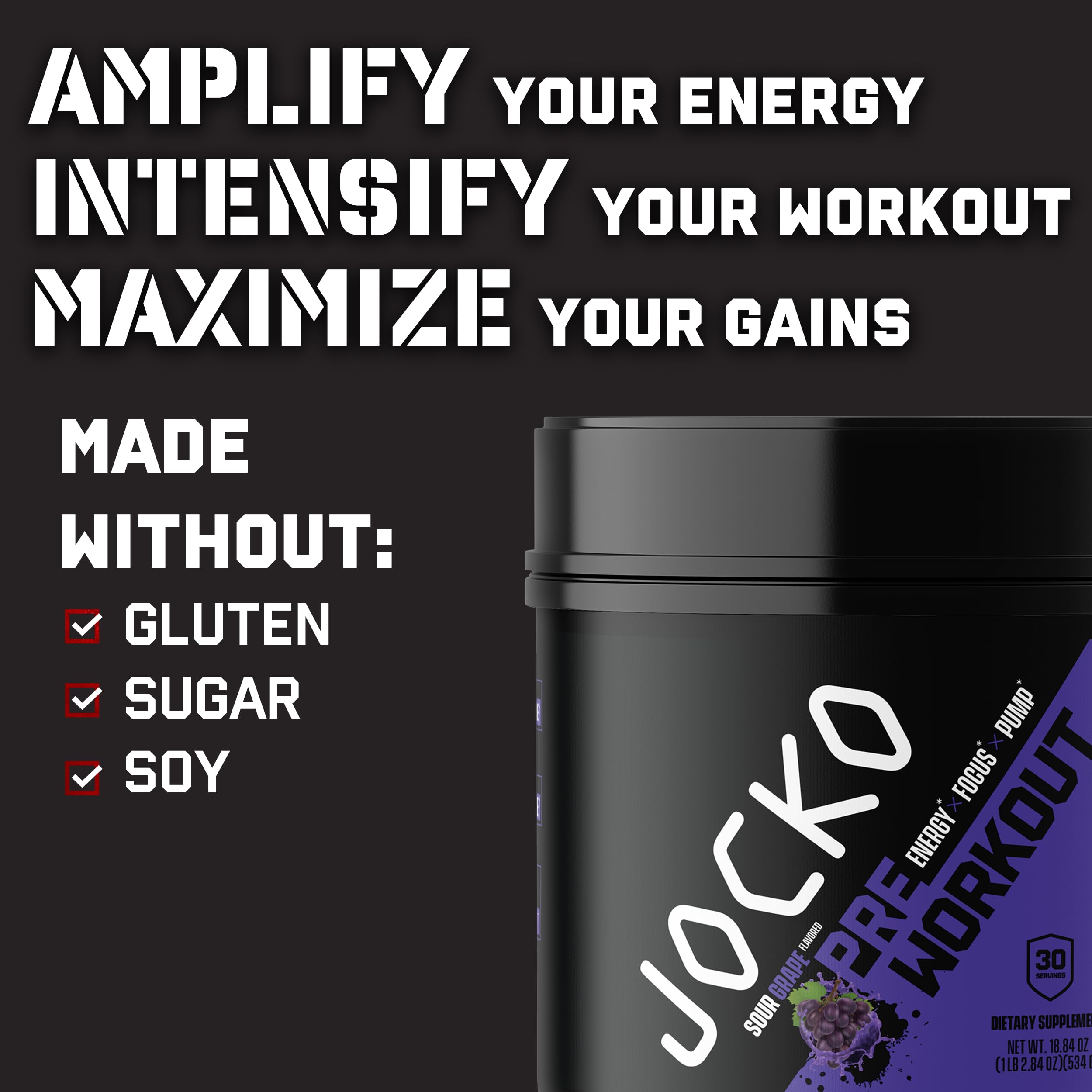 JOCKO FUEL Ultimate Pre Workout Powder - Pre-Workout Energy Powder Drink for Men & Women - High Stim Sugar-Free Nootropic Blend to Support Muscle Pump, Energy, & Recovery 200mg Caffeine Sour Grape