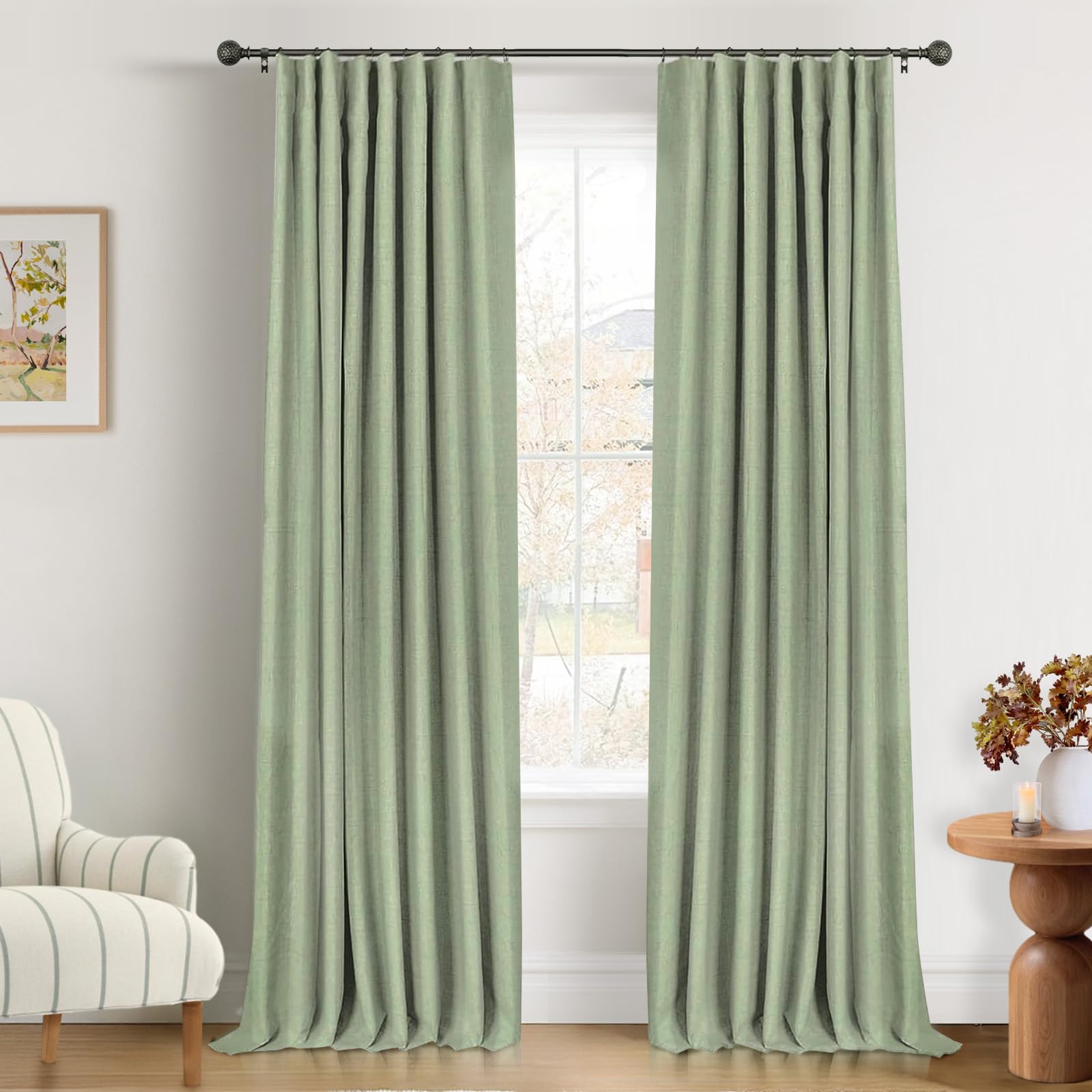 Photo 1 of INOVADAY 100% Blackout Curtains for Bedroom, Black Out Curtains 90 Inch Long, Clip Rings Linen Blackout Drapes, Thermal Insulated Room Darkening for Living Room, 2 Panels - Sage,W50xL90