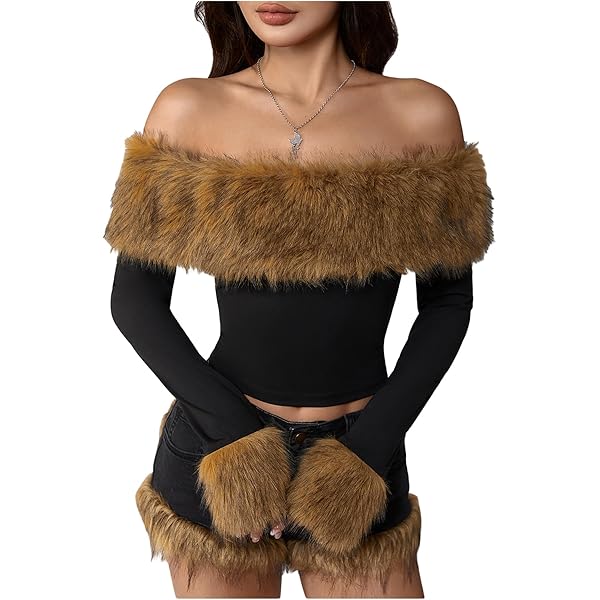 Fur offshoulder rib tops♡liliana MakeMeChic Women's Faux Fur Crop Tops Bell Sleeve Off Shoulder