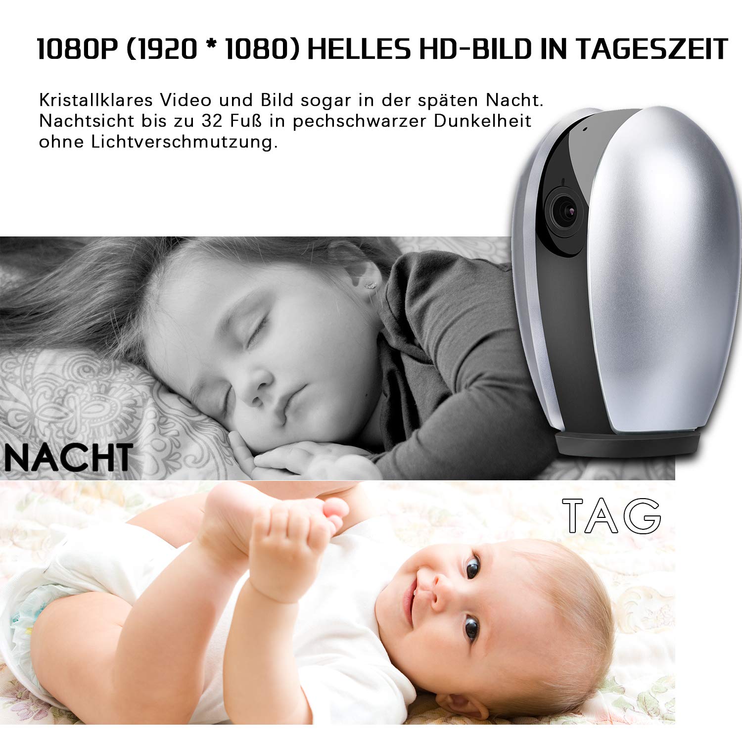 AUQUSH WLAN IP-Kamera 1080P WiFi Überwachungskamera mit Nachtsicht Bewegungserkennung,Zwei-Wege Audio und 355°/120°Schwenkbar Kamera für Baby/Elder/Haustier