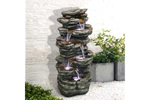 SunJet 6-Tiers Rocks Outdoor Water Fountain - 40” High Cascading Waterfall with LED Lights, Soothing Tranquility for Home Garden, Yard Decor
