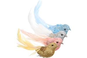 Realistic Small Bird Figurine Set Clips, Foam Christmas Bird Decoration in Silver Gold Blue Pink Colors, Lightweight Garden O