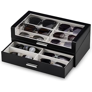 ProCase 12 Slots Sunglasses Box with L-Shaped Clear Lid -Black | Multiple Pairs Glasses Display Organizer Eyewear Eyeglass Ey