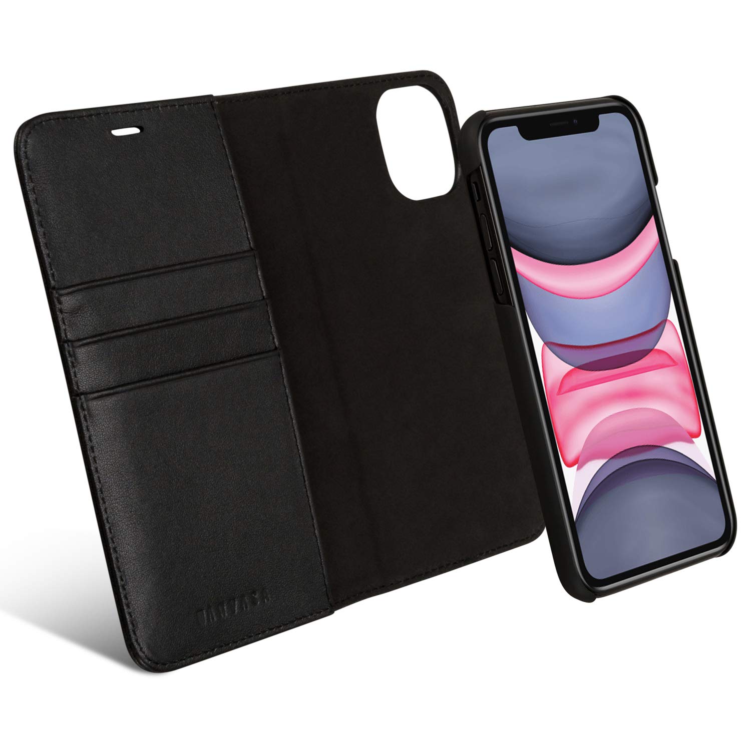KANVASA iPhone 11 Detachable Wallet Case Black Premium Genuine Leather 2 in 1 Flip Folio Book Magnetic Cover for the Original iPhone 11 (6.1") - Supports Wireless Charging Qi