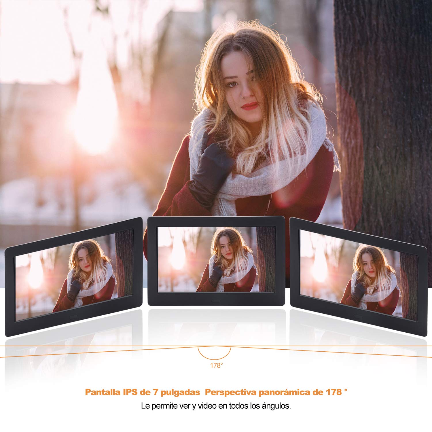 Marco Digital 7 Pulgadas Pantalla IPS Full HD, Marco de Fotos Digital HD Reproductor de Audio MP3 MP4/el Interruptor del Temporizador/Reloj/Calendario/con Control Remoto（Incluye Varilla de Soporte）