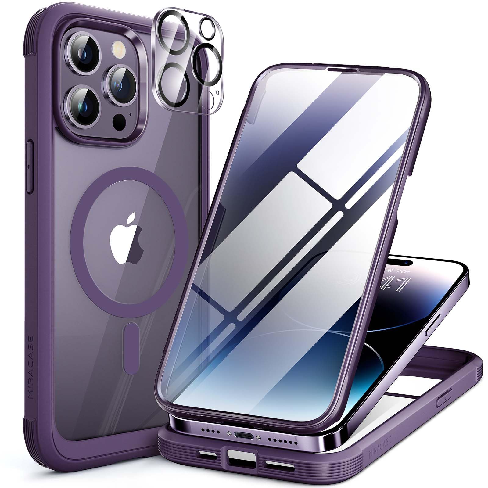 Photo 1 of Miracase Magnetic for iPhone 14 Pro Case 6.1 inch, (Compatible with MagSafe) Upgrade Full-Body Clear Phone Bumper Case with Built-in 9H Tempered Glass Screen Protector, Magnetic Purple