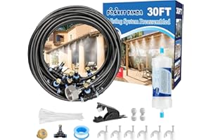 POCKET PANDA Pre-Assembled Misters for Outside Patio,Outdoor Misting Cooling System w Filter,30FT|9M.Backyard Mist Kit for Garden,Greenhouse,Deck,Umbrella,Canopy,Pool,Porch,Trampoline,ParkBBQ Party
