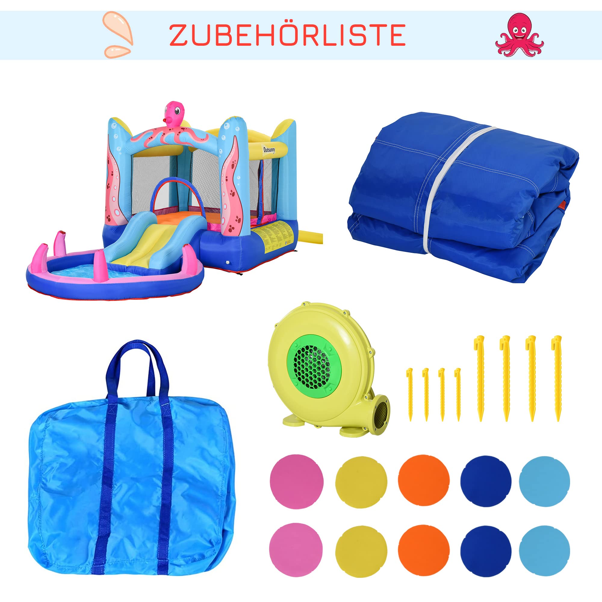 Outsunny Aufblasbare Hüpfburg mit Rutsche Springburg Spielburg Wasserpark für Kinder Trampolin aufblasbar Wasserrutsche Pool für 3-8 Jahre Oktopus-Muster Oxfordstoff 360 x 175 x 180 cm 8