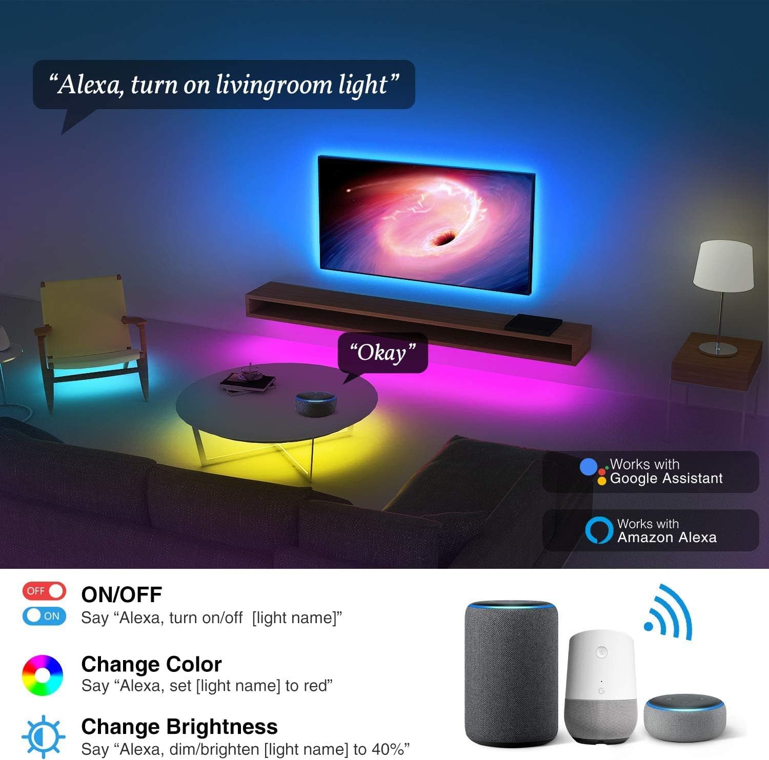Led Strip Lights, Smart WiFi Led Lights 16.4ft Works with Alexa and Google Home, App Control, 16 Million Colors, Music Sync, RGB Color Changing Led Strips for Bedroom, Home, Tv, Kitchen, Party: Home Improvement
