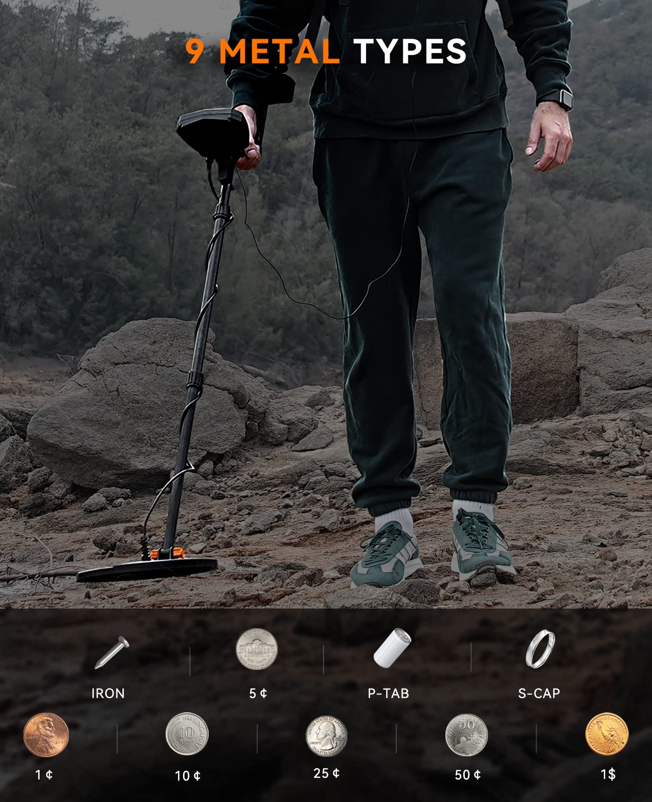 SUNPOW Metal Detector, IP68 Waterproof Coil, Identify 9 Types of Metals, High Accuracy, 10 Inch Detection Depth, 5 Modes, Strong Anti-Interference, Suitable for Adults and Kids (OT-MD07)