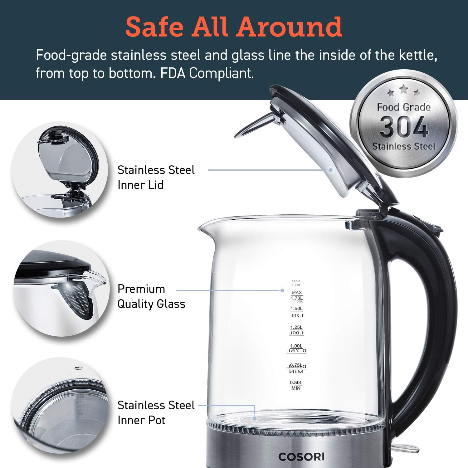 COSORI Electric Kettle Glass Hot Water Boiler & Tea Heater with LED Indicator Inner Lid & Bottom, Auto Shut-Off&Boil-Dry Protection, BPA Free, 1.7L, Black: Kitchen & Dining