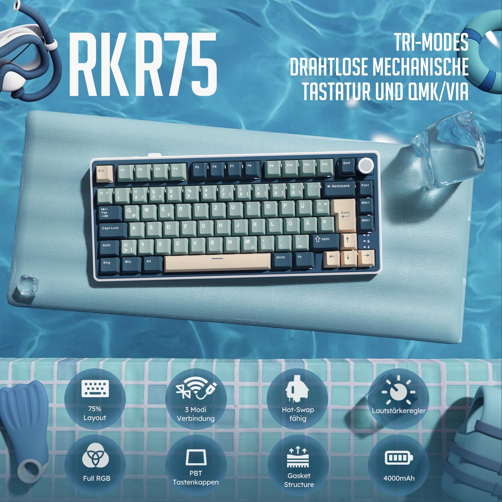RK ROYAL KLUDGE R75 Mechanische Tastatur Kabellos 75%, Gasket Gaming Tastatur 75 Prozent TKL mit Knopf QWERTZ RGB Bluetooth/2.4G/USB-C PBT Tastenkappen QMK/VIA, Hot Swap Linearer Creamy Switches 2