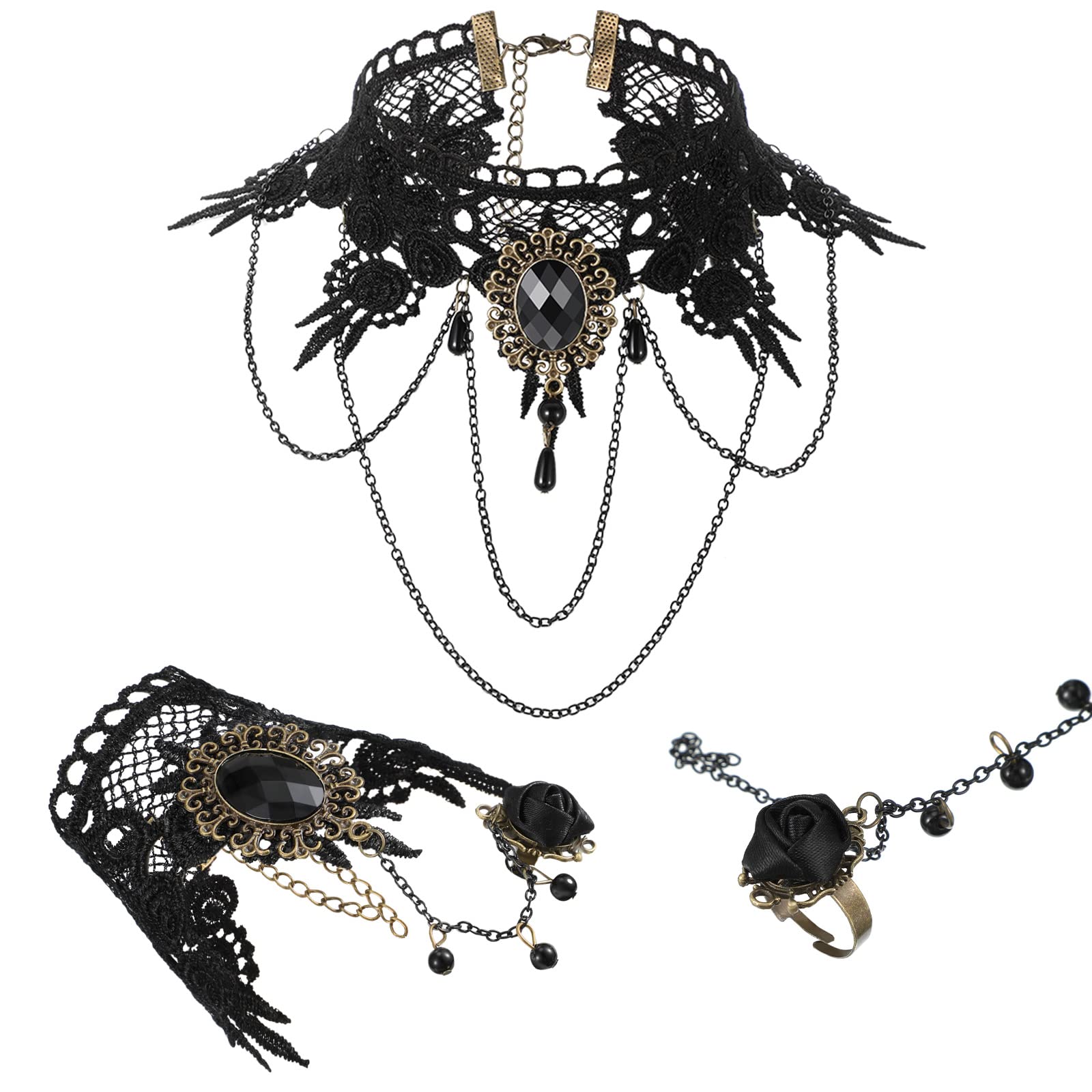 Herdear Black Choker Lace Necklace with Bracelet Set Punk Vintage Handmade Lolita Retro Bracelet Wristband Bead Pendant Gothic Halloween Necklace for Women