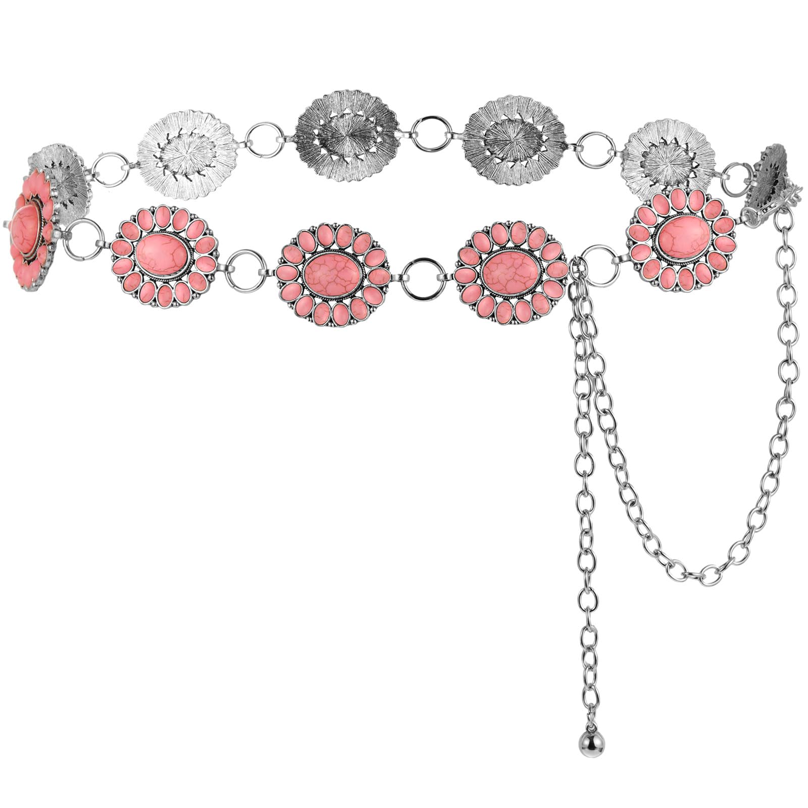 Women Pink Western Concho Chain Oval Round Flower Adjustable Metal Belt Angel Ranch Western Chain Conchos Cowgirl Belt – Rock main image 4