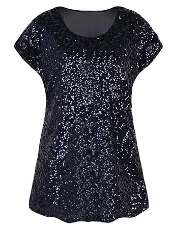 PrettyGuide Damen Funkeln Shirt Glitter Pailletten Dolman Loose Tunika Bluse Top
