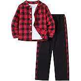 Hihosdor Boys Clothes 3Pcs Long Sleeve Flannel Plaid Shirt Tops Pants Sets Fall Winter Boys' Clothing Sets, Red, 11-12 Years