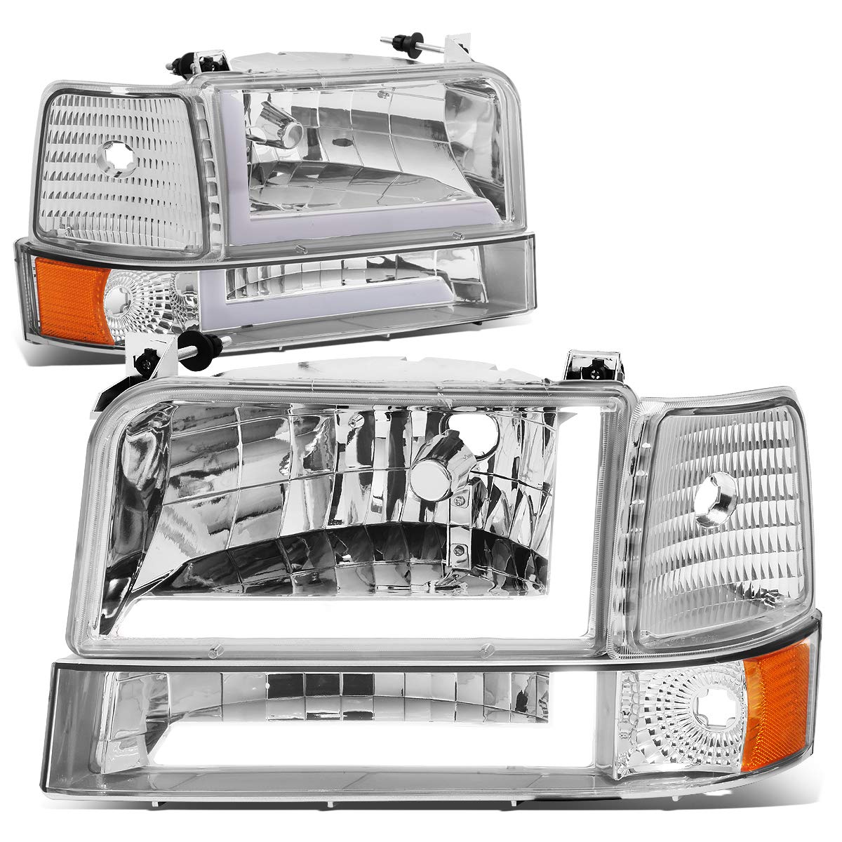DNA MOTORING Pair of Dual LED Running Light Bar Headlights Compatible with 92-96 F150 F250 F350 Bronco, Chrome/Amber, HL-LB-F15092-6P-CH-AM