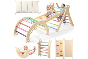 LITTLE DOVE Pikler Triangle Set with Cushion, 7-in-1 Foldable Toddler Climbing Toys Indoor, Toddler Jungle Gym Indoor with Ramp, Arch and Ladder, Montessori Climbing Set, Climbing Toys for 1-6, Rainbow