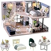 CUTEROOM DIY Miniature Dollhouse Kit with Furniture,Wooden Doll House Plus Music Movement & LED Lights, 1:24 Scale DIY House 