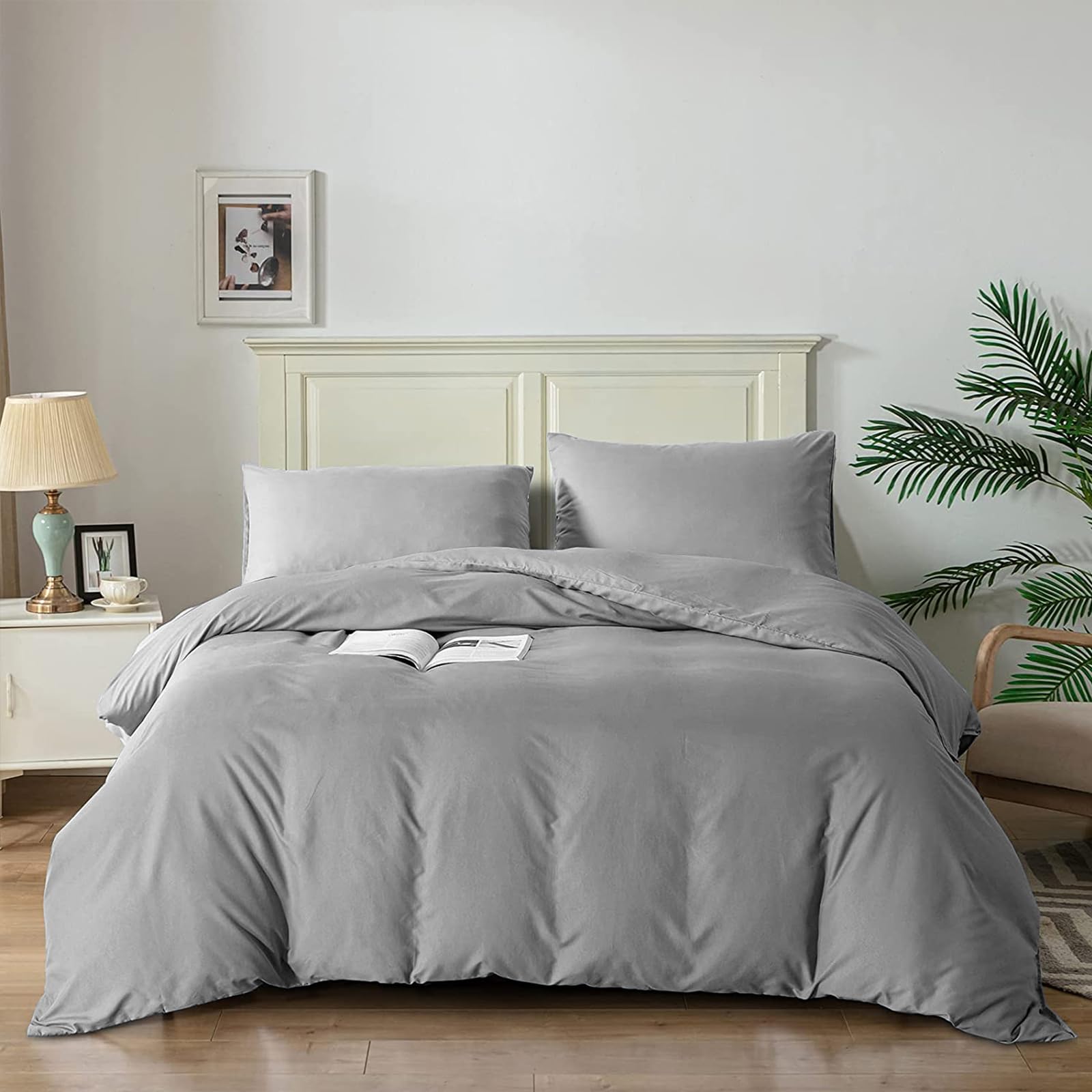 Good Nite King Size Duvet Cover Sets Bedding Sets King Size Duvet Cover With Pillowcases Soft Microfiber Bed Cover Machine Washable (Light Gray, King 230x220cm)