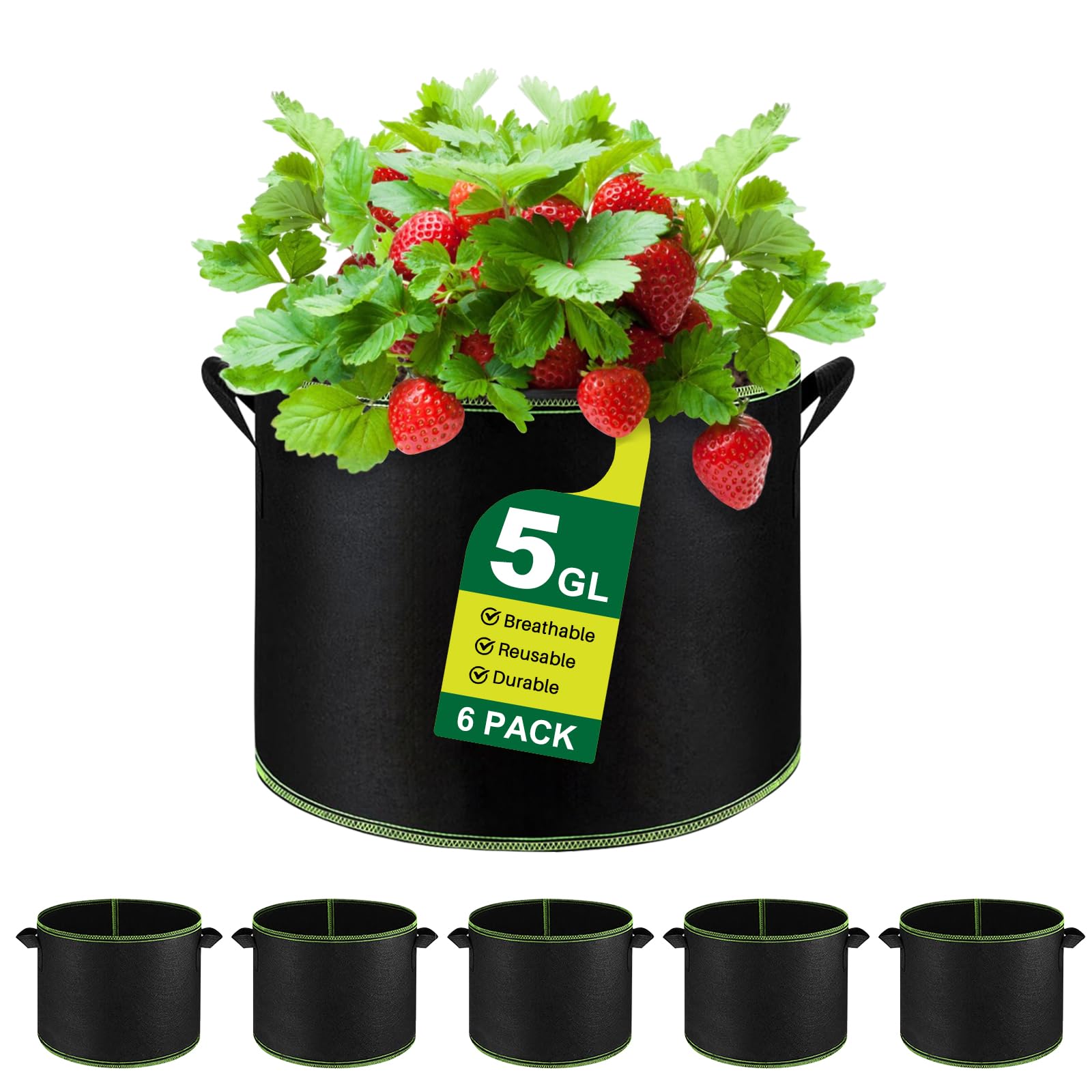 WenYa 5 Gallons Plant Grow Bags, 6 Pack Heavy Duty Thickened Nonwoven Fabric Flower Grow Bags with Handles for Vegetable Flowers Herbs Tomato Carrot Strawberry