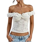Floerns Women's Floral Off The Shoulder T Shirts Ruffle Twist Front Fitted Crop Tops