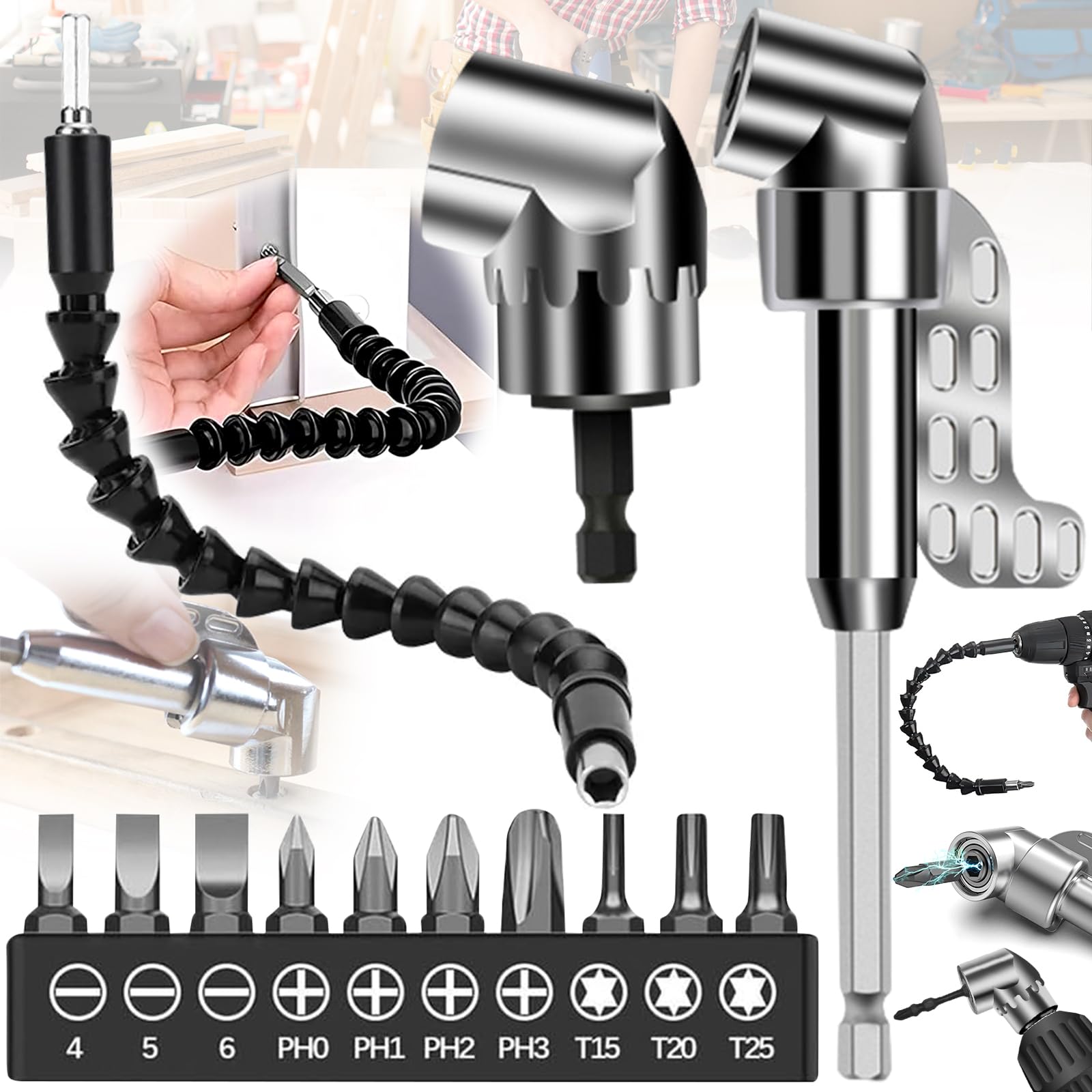 Oneroomone 13 Pieces Adapter for Angle Screwdriver, 105 Degree Angle Drill Adapter Hex, Angle Screwdriver Attachment, 1/4 Inch Hexagonal Shaft, Multifunctional Screwdriver (With10 Drill)