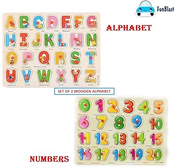 FunBlast Set of 2 Wooden Learning Board- Capital Letter Learning Board for Kids, 123 Number Learning Board for Kids, Educational Board for Kid (Capital Letter & Numbers)