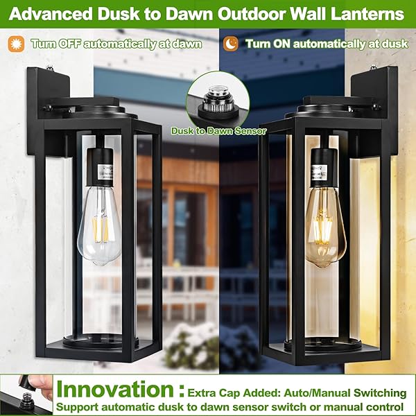 FILIYANO 16 INCH DUSK TO DAWN OUTDOOR WALL LIGHT – 2 PACK EXTERIOR WATERPROOF OUTSIDE LIGHTING, MODERN PORCH SCONCES, WALL MOUNTED FIXTURES, INDUSTRIAL ANTI-RUST MATTE BLACK LANTERN FOR FRONT DOOR