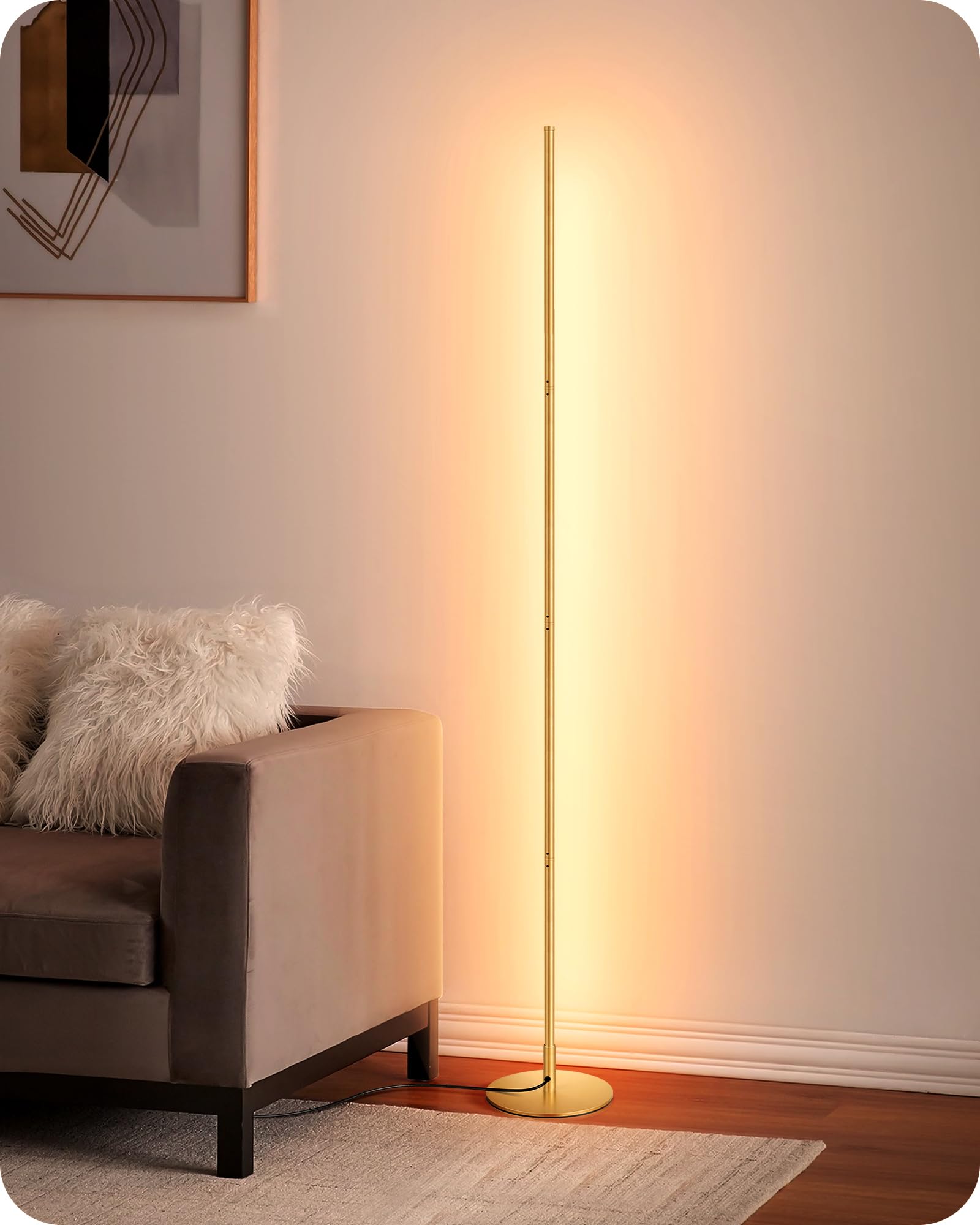 EDISHINE LED Floor Lamp, 146cm Minimalist Dimmable Standing Lamp with Foot Switch, Stepless Dimming, Tall Corner Lamp for Living Room, Bedroom, Office, 3000K, Gold