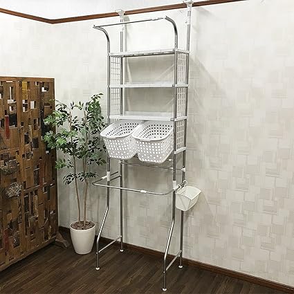 Amazon 組立品 つっぱりステンレスランドリーラック棚3段バスケット付き ランドリー棚 突っ張り棚 洗濯機上収納 洗面所 ニッセン Sepiya ランドリー収納 通販