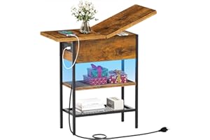 Siedihit LED Lights End Table(23.6"x11.8"x23.8") with Charging Station/Storage,Flip Top Side Table with USB Ports Outlets, Bedsides Table Narrow Nightstand for Small Spaces Living Room, Bedroom,Brown