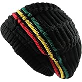 RW 100% Cotton Classic Rasta Slouchy Ribbed Beanie Hats (Black/Rasta)