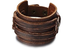 COOLSTEELANDBEYOND Metallic Genuine Leather Wristband Mens Wide Leather Bracelet with Snap Button