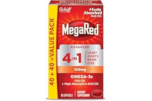 MegaRed Advanced 4-in-1 2X Concentrated 500mg Omega-3 Fish Oil & Antarctic Krill Oil with Fatty Acid, EPA/DHA Supports Heart, Brain, Joints, Eye Health 80 Count Softgels (2 Pack)