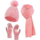 Winter Beanie Hat Scarf Gloves Set for Women, Fleece Knit Pompom Beanie Neck Warmer Long Scarf Touchscreen Gloves 3 in 1 Set