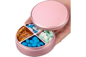 SOBAHIDO Daily Pill Case 4 Compartments - Portable Travel Pill Box, Waterproof Pill Container for Purse, Compact Metal Medicine Holder Organizer Pill Dispensers for Vitamin Cod Liver Oil Supplement Pink